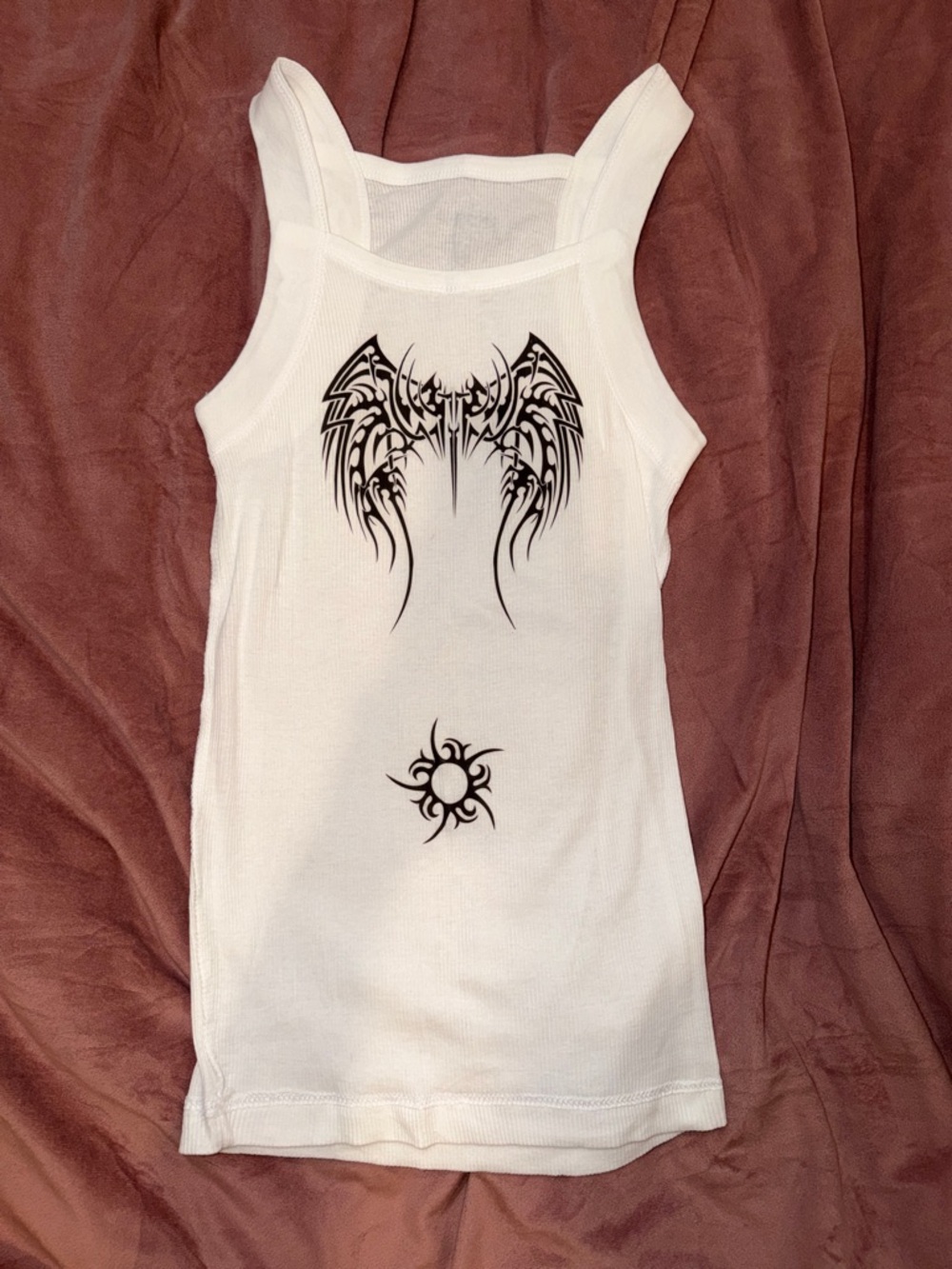 Men's White Ribbed Tank Top with Black Tribal Prints In side Out!